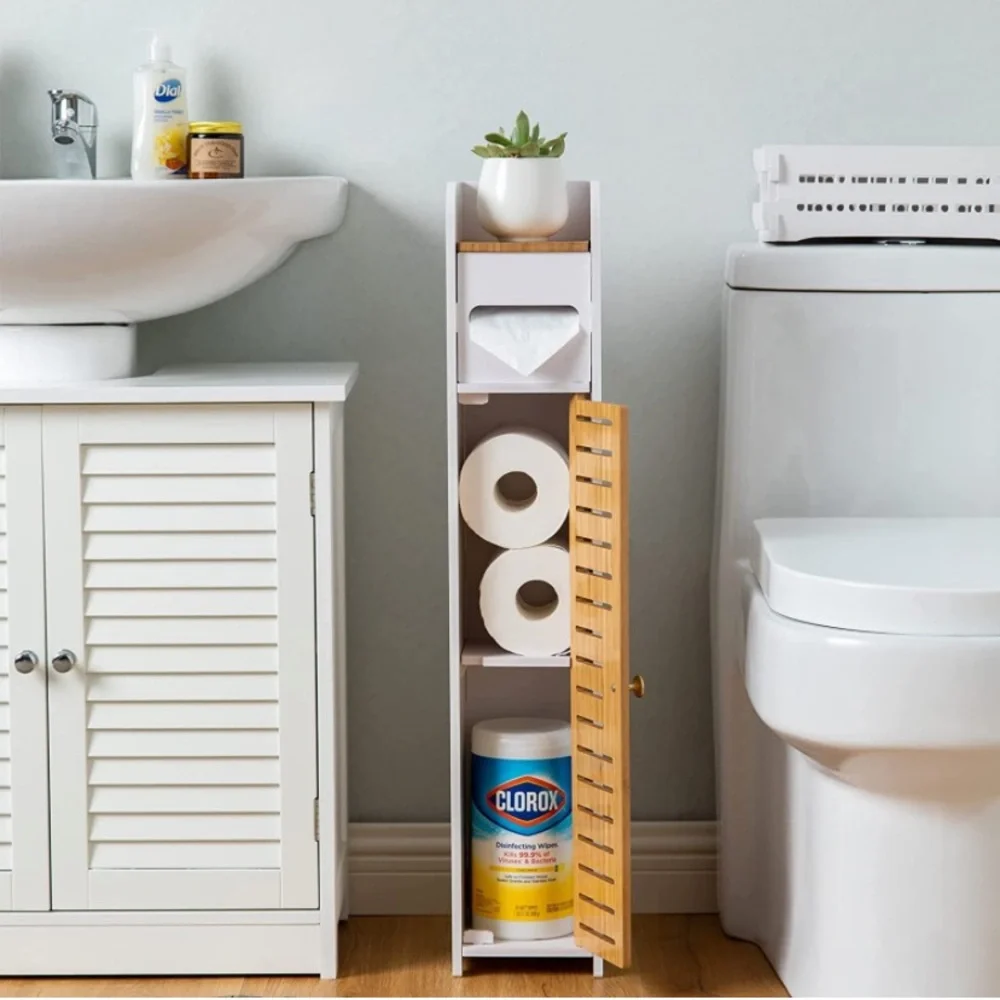 Bathroom Storage Corner Floor Cabinet/Shelves with Bamboo Doors